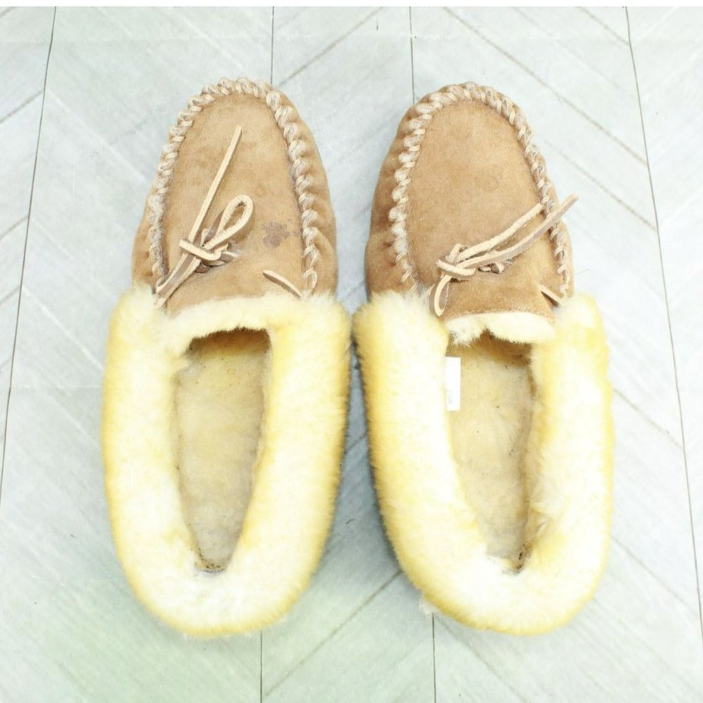 LL Bean Brown Suede Wicked Good Shearling Lined Moccasin Slippers Size 10 Wide - Picture 6 of 9